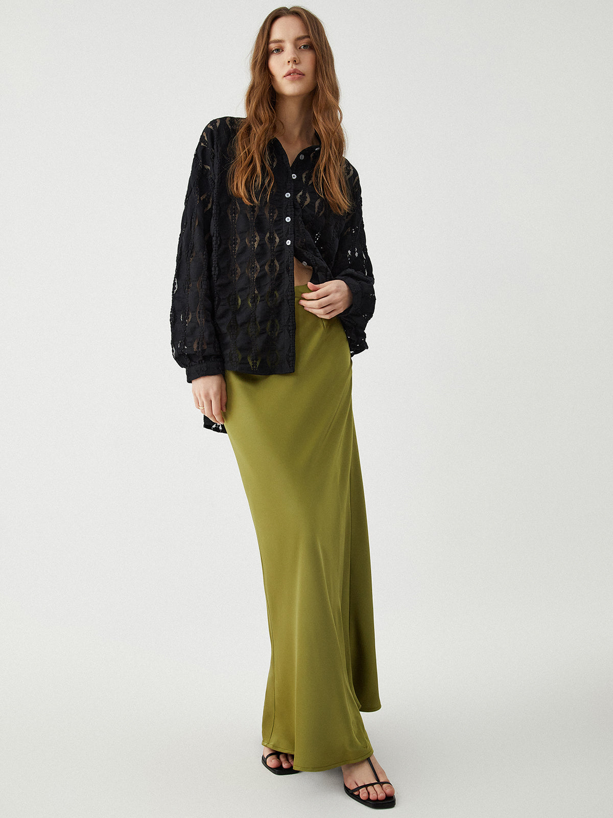 Semi-Sheer Floral Lace Button Up Shirt