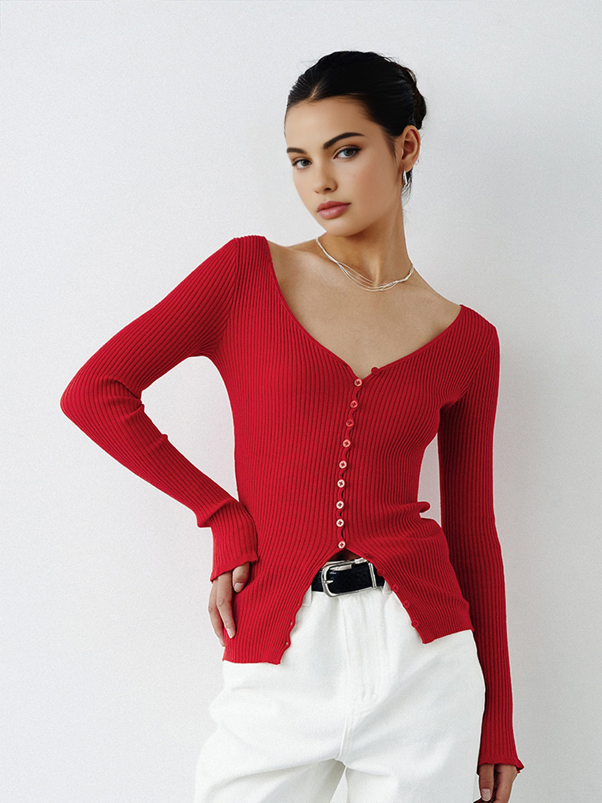 Button V Neck Knit Cardigan