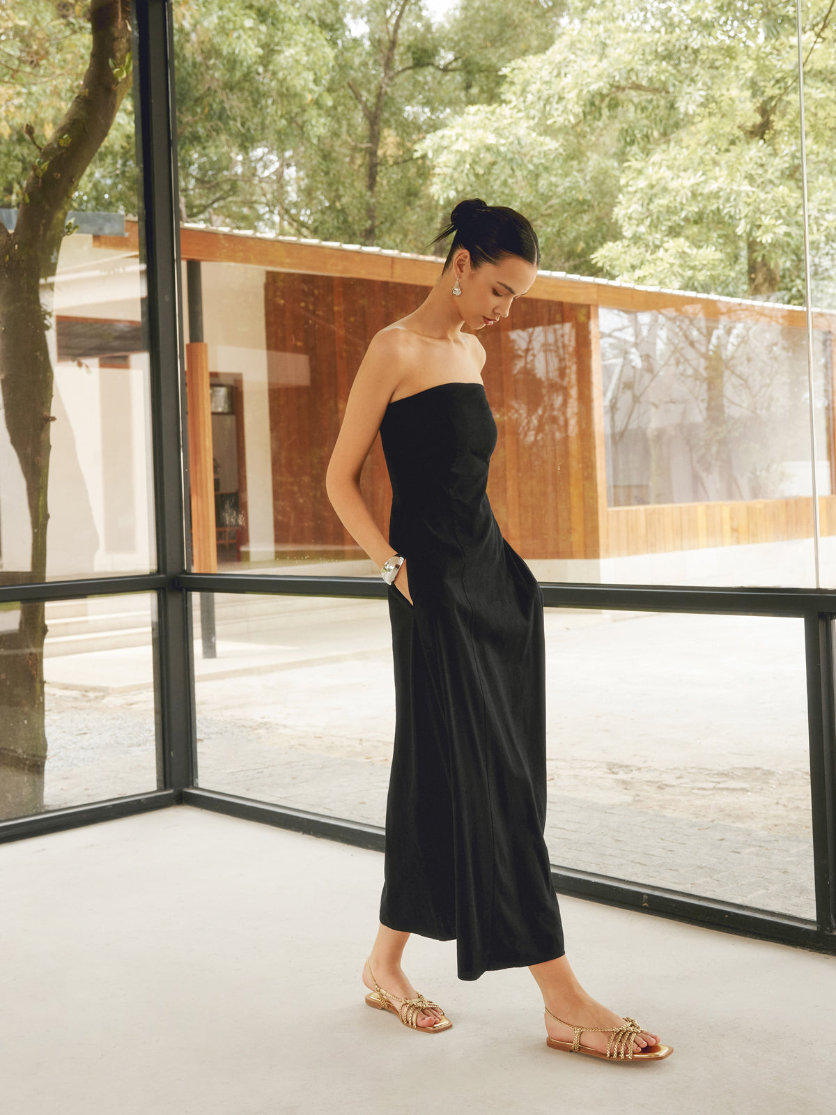 Robe longue tube basique à poches en lin mélangé