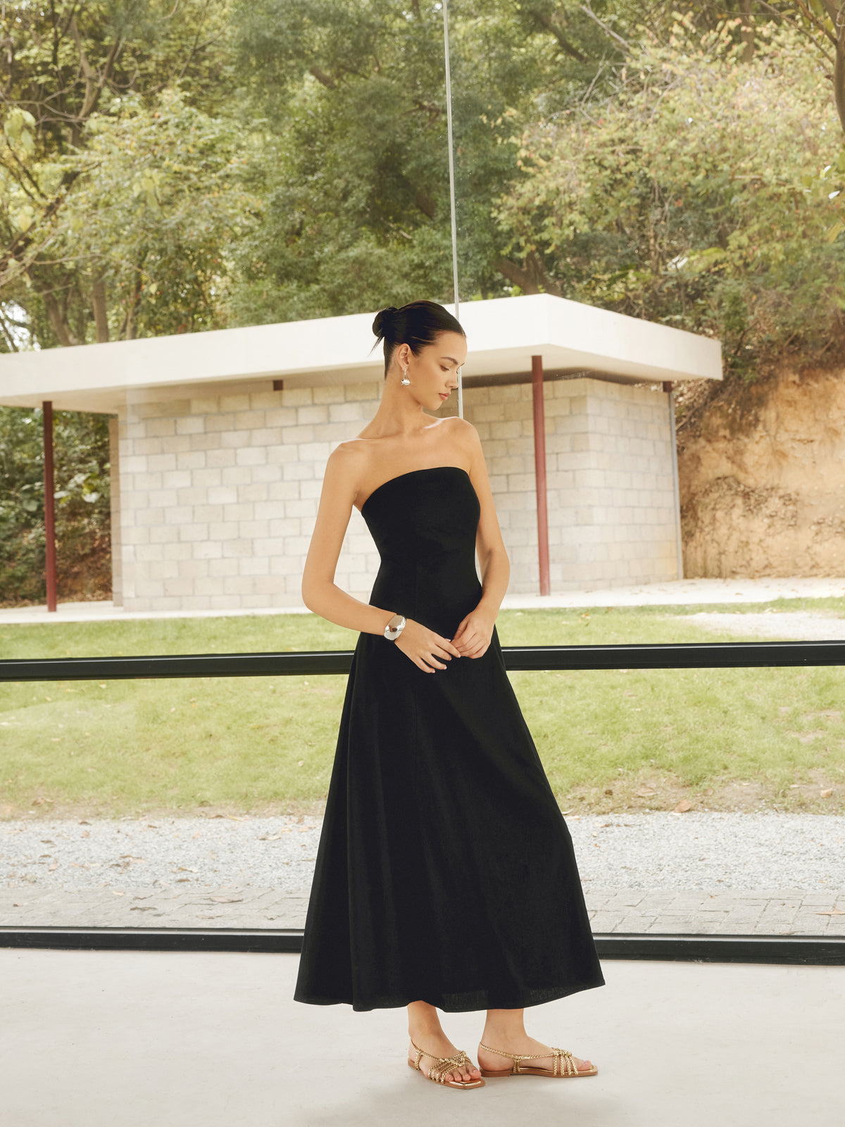 Robe longue tube basique à poches en lin mélangé