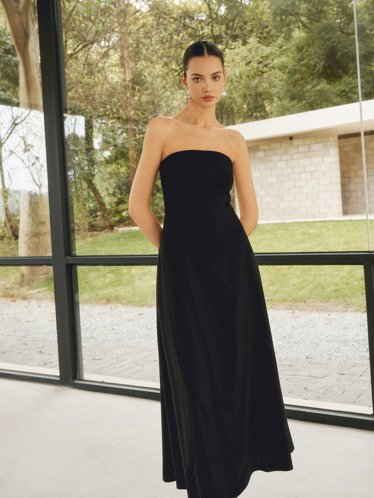 Robe longue tube basique à poches en lin mélangé