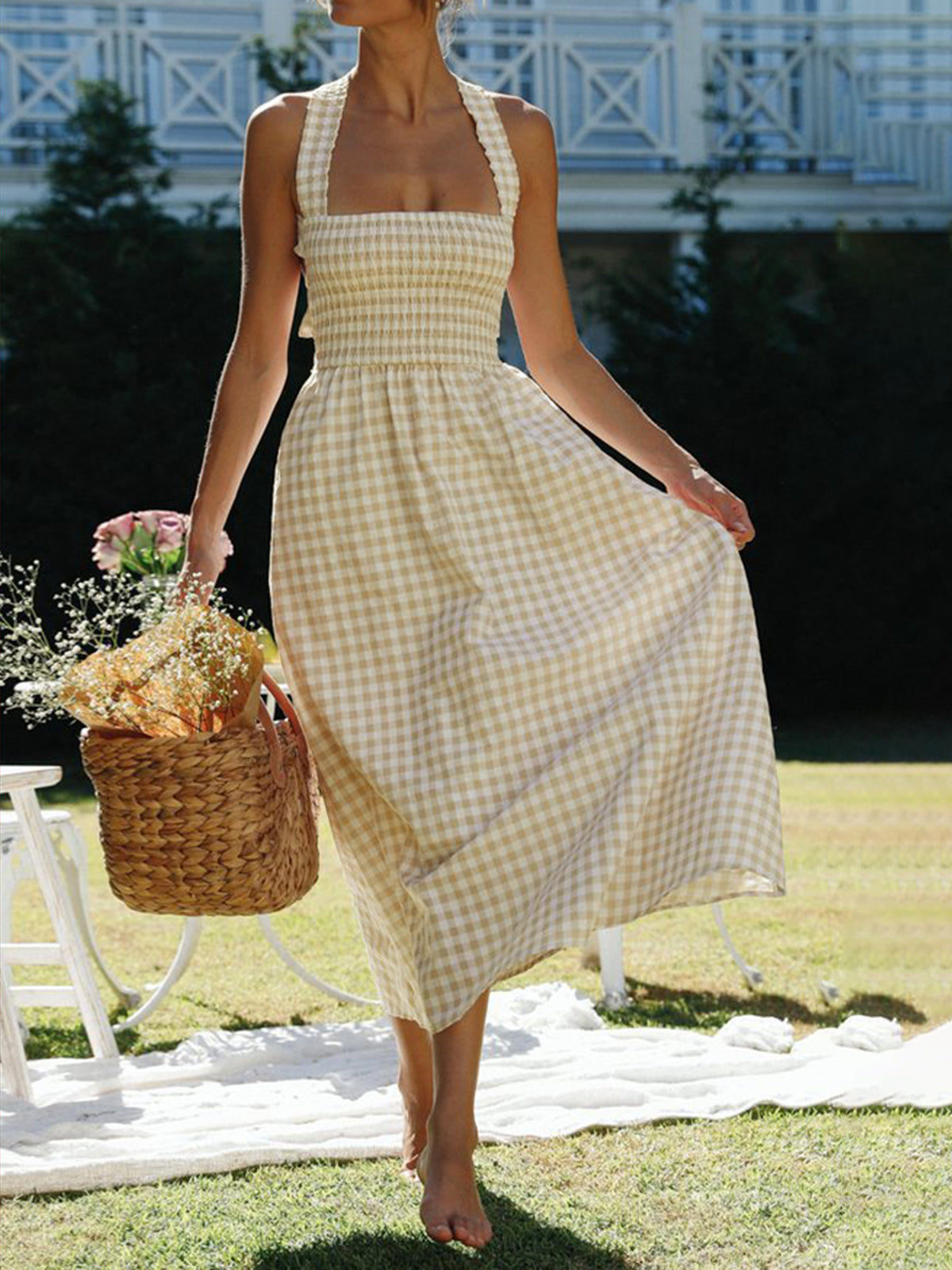 Robe longue dos nu à carreaux style campagne