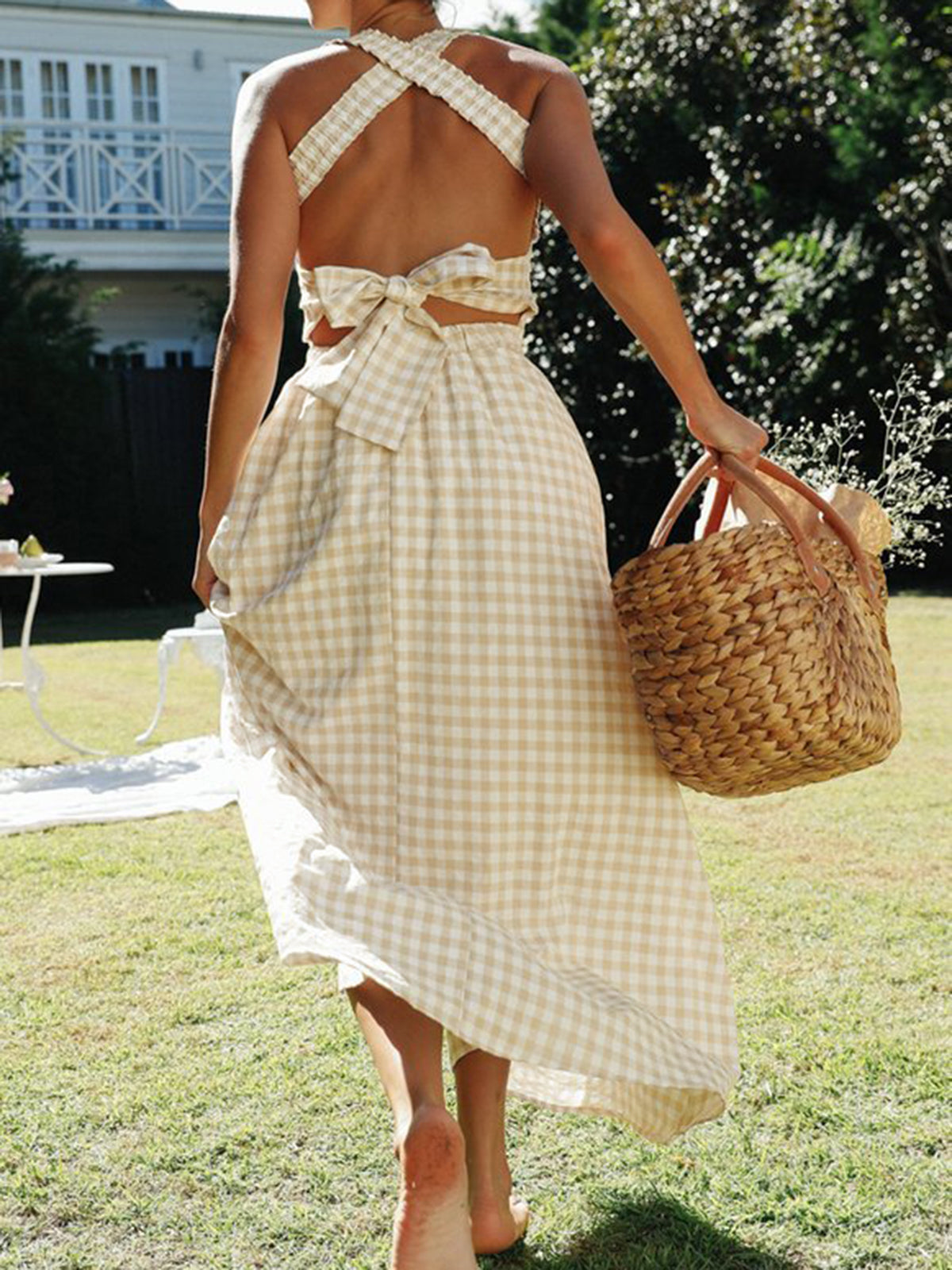 Robe longue dos nu à carreaux style campagne