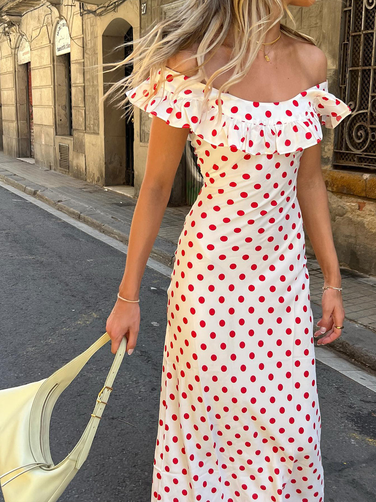 Robe longue à pois semi-transparente, ourlet à volants et épaules dénudées