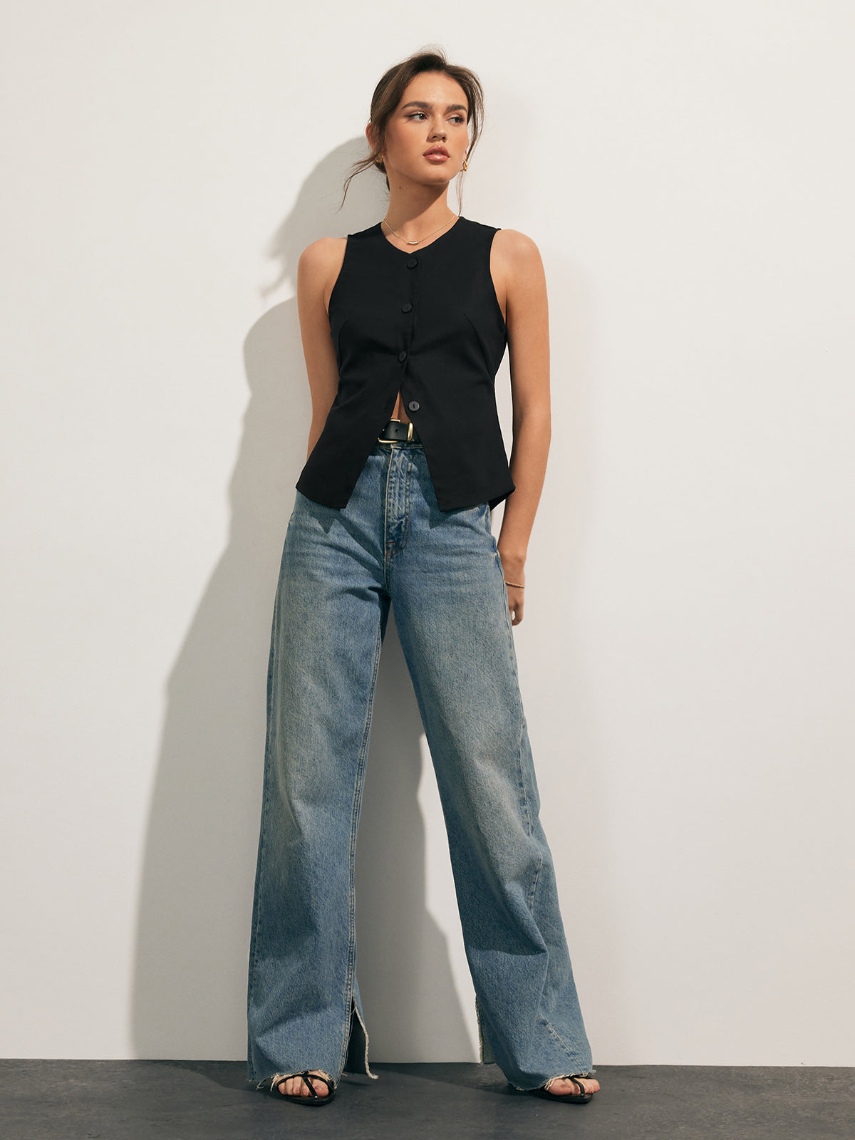 Débardeur boutonné en lin mélangé