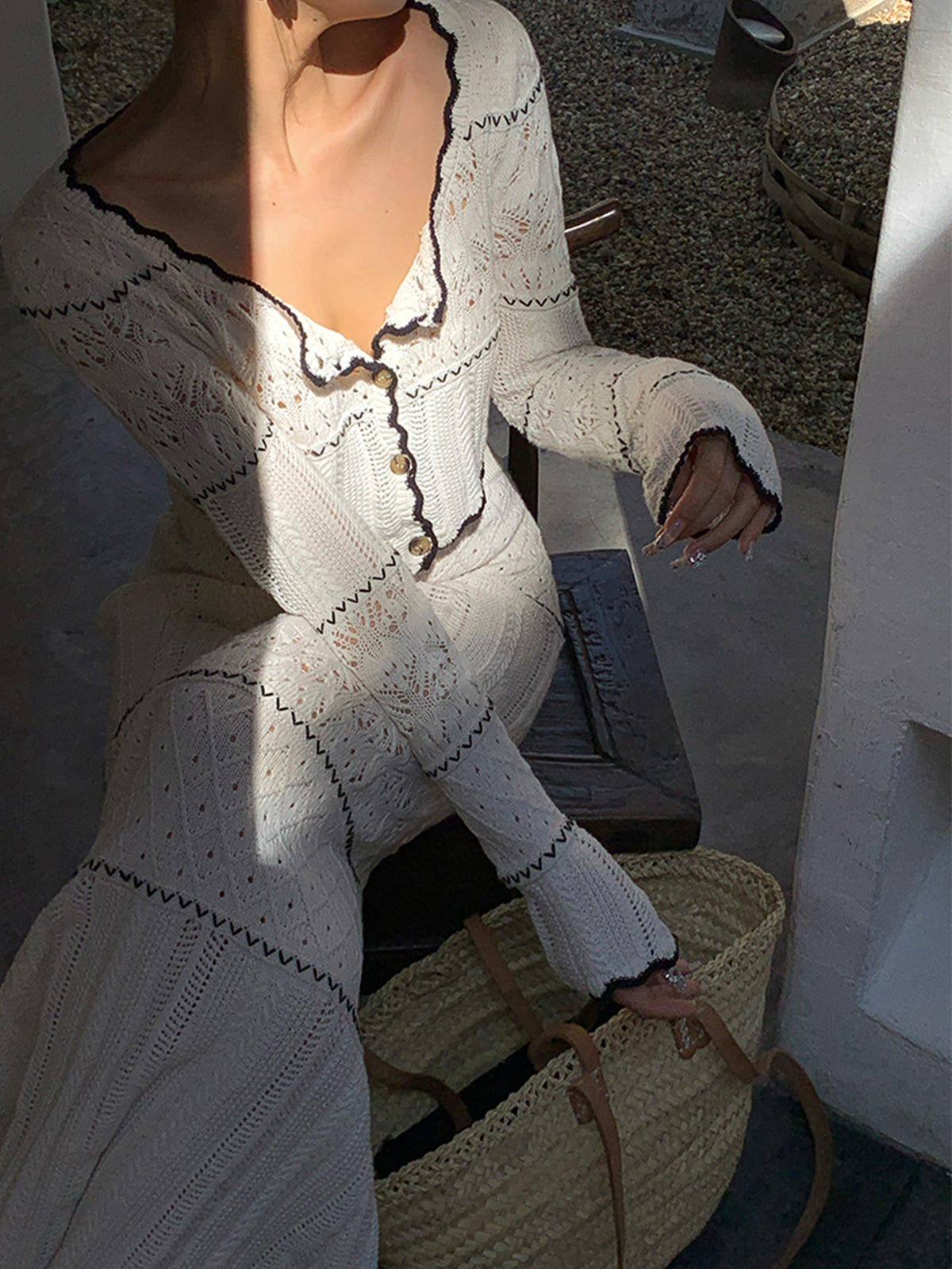 Maxirock aus Strick mit kontrastfarbenem Einfassband