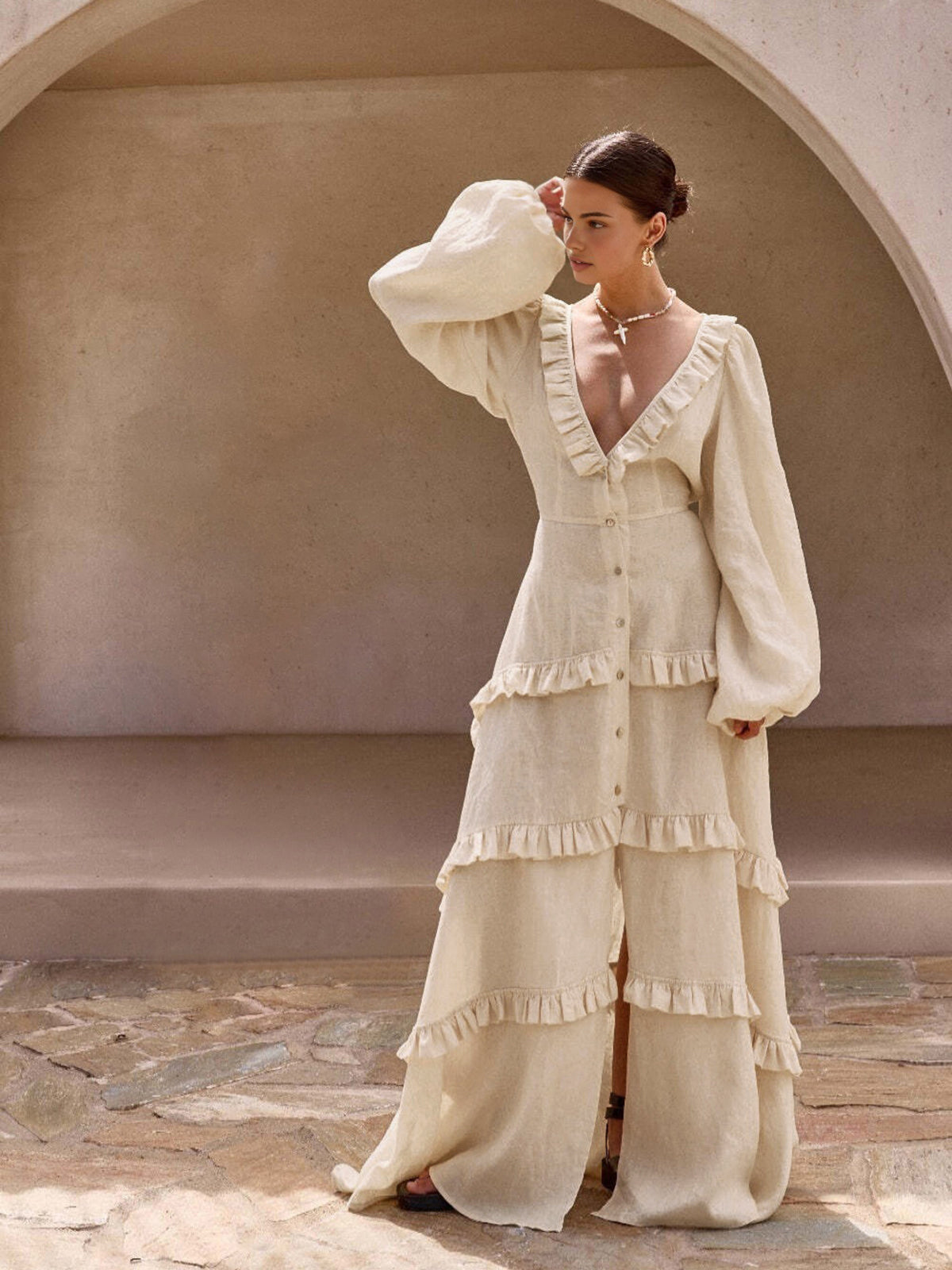 Robe longue semi-transparente à volants en coton et lin