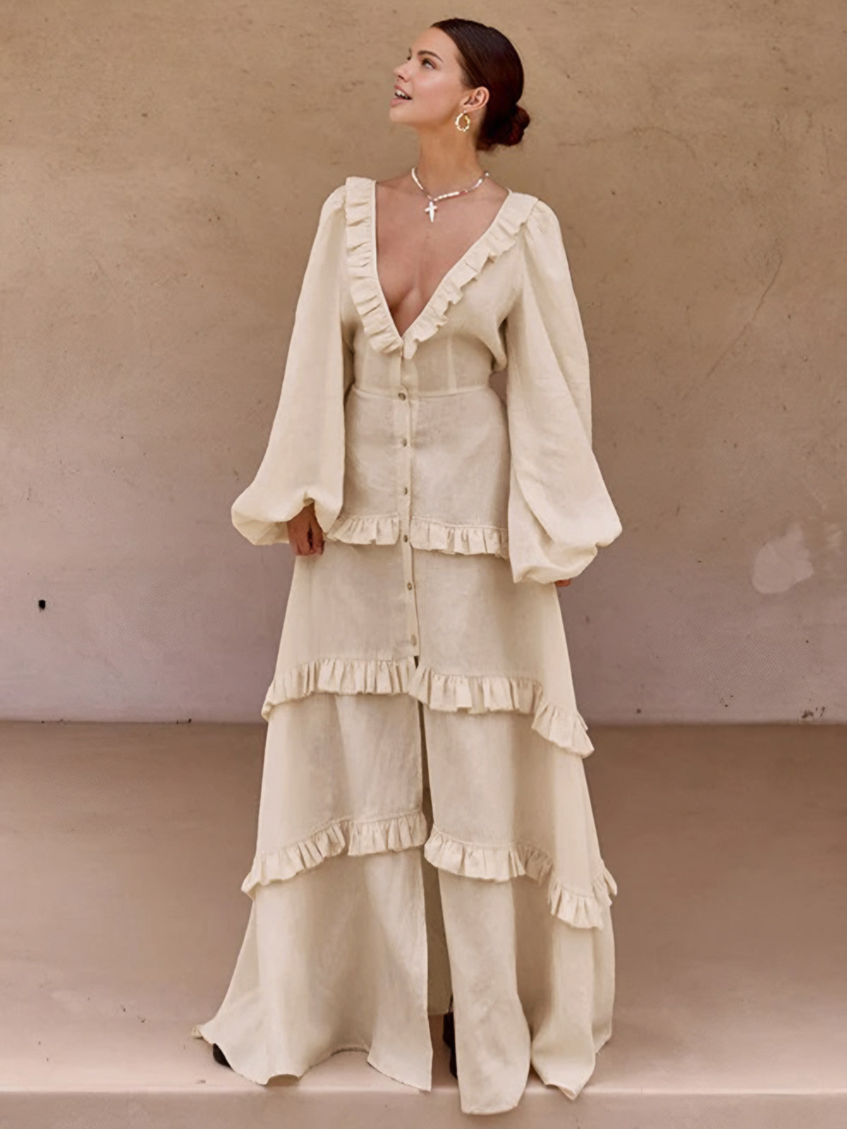 Robe longue semi-transparente à volants en coton et lin