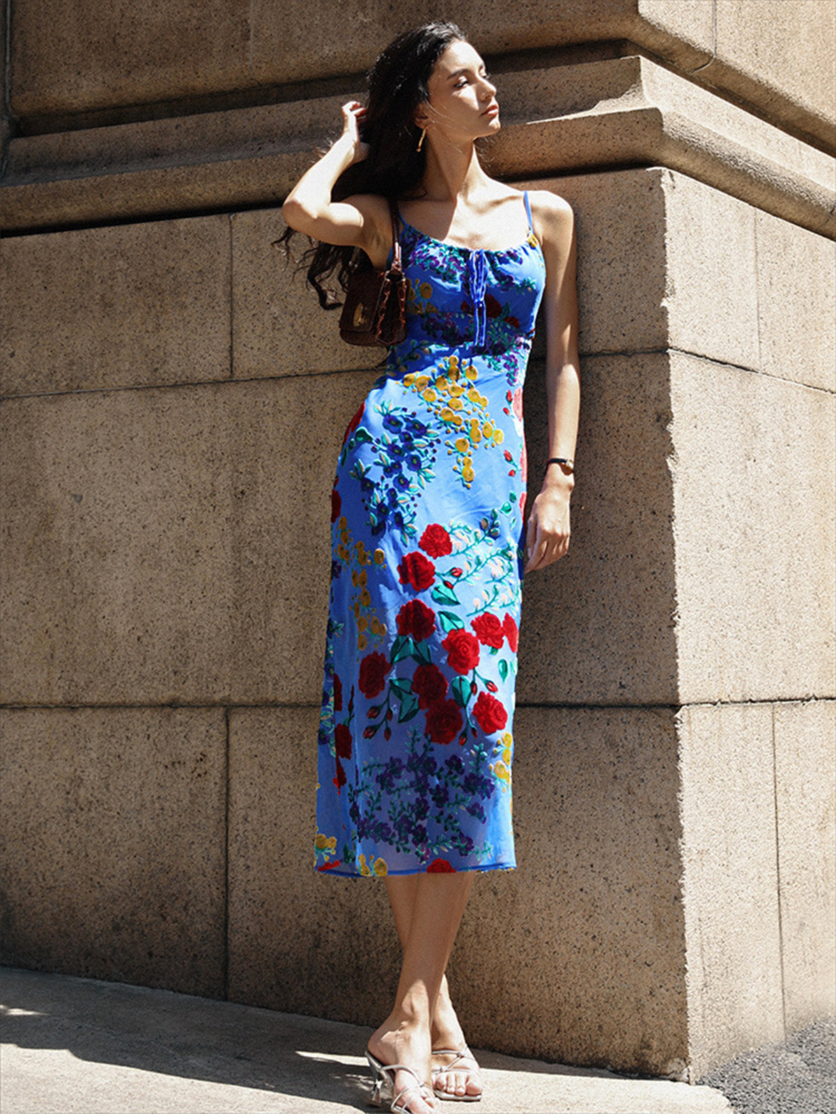 Velvet Floral Appliqué Cami Dress