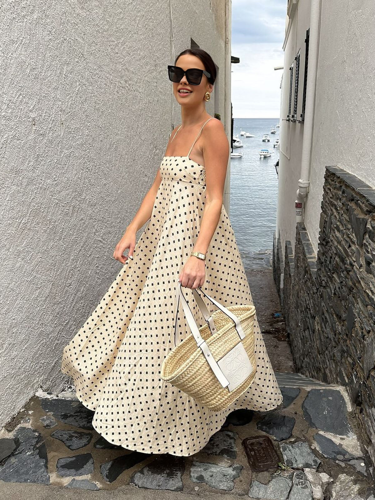 Robe longue imprimée à fines bretelles