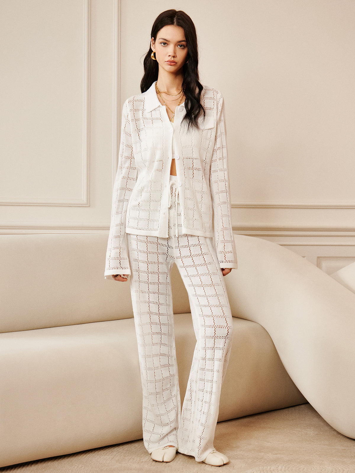 Ensemble pantalon à carreaux creux et cordon de serrage