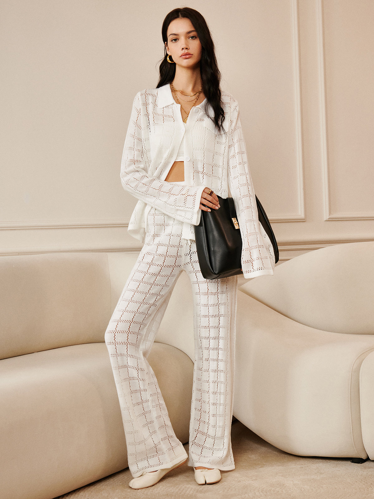 Ensemble pantalon à carreaux creux et cordon de serrage