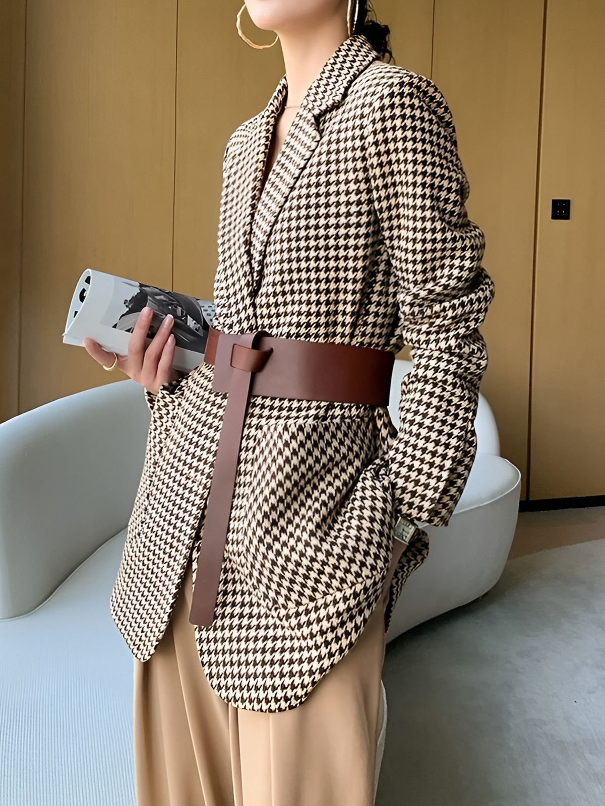 Blazer fendu pied-de-poule avec ceinture