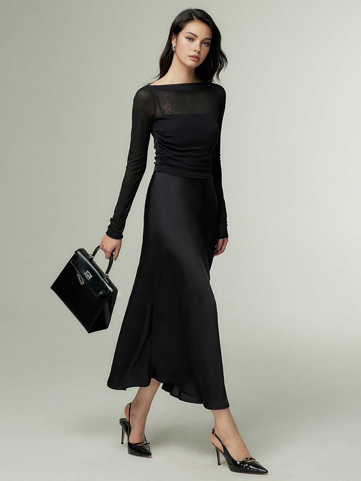 Haut en jersey à col droit et empiècements transparents