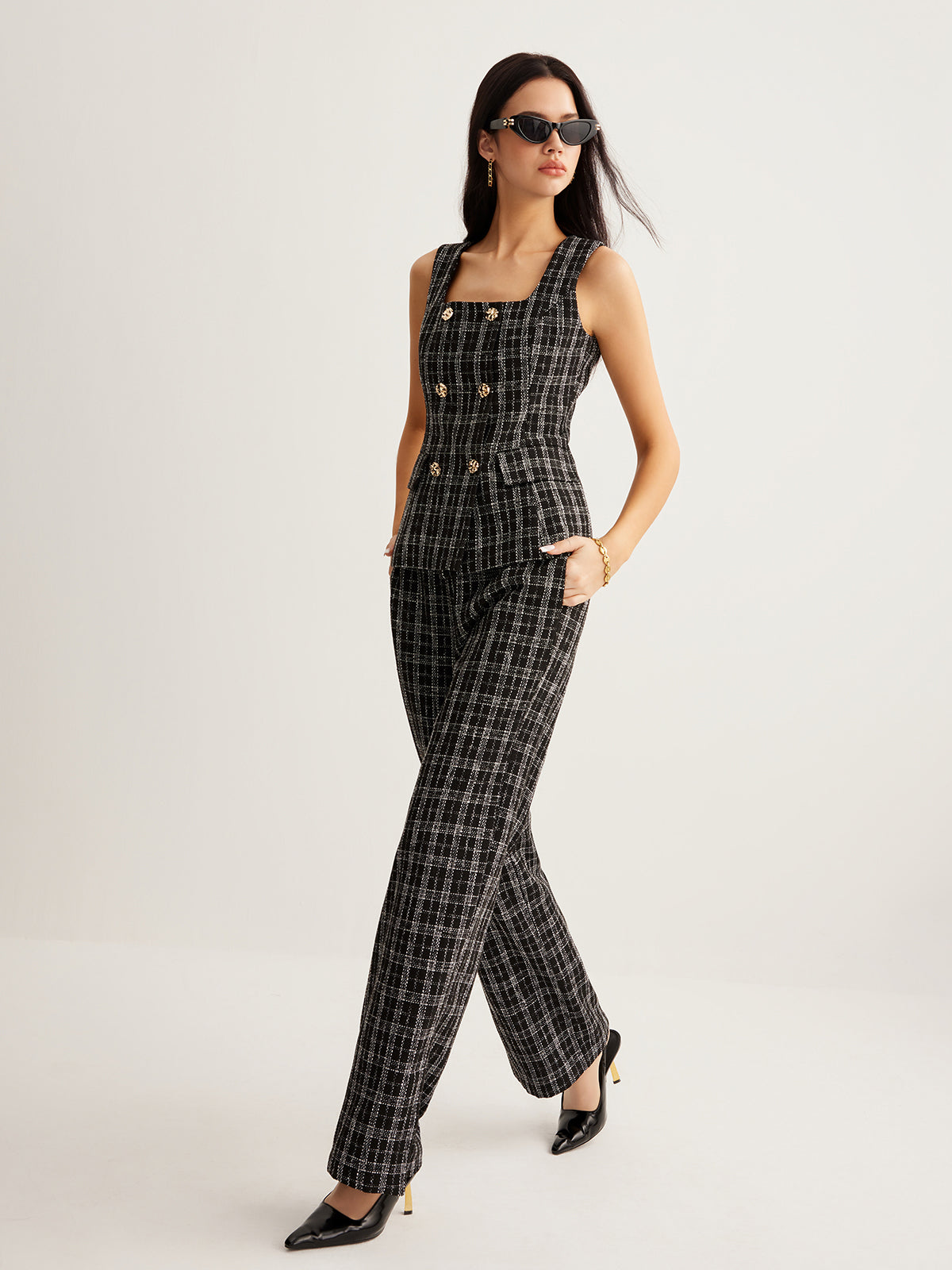 Gilet à boutons en tweed à carreaux