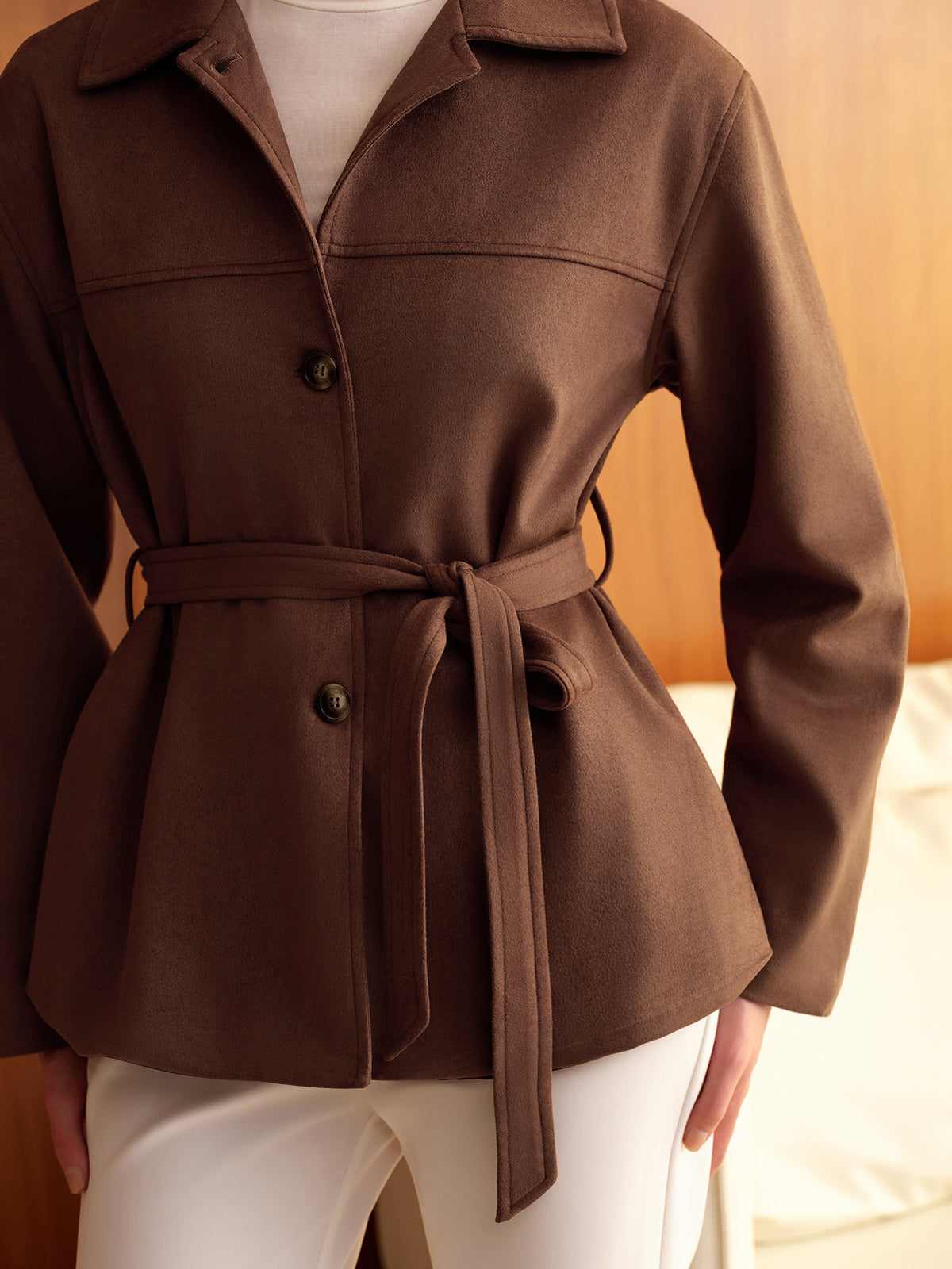 Belted Suede Effect Polo Jacket