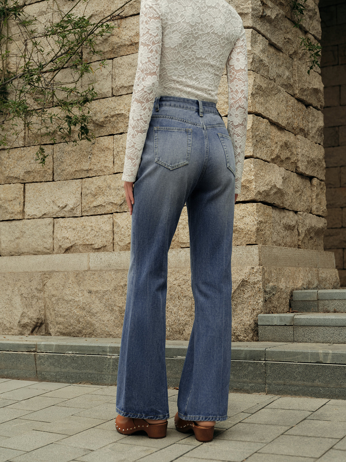 Button Detail High-Waisted Flared Denim Pants