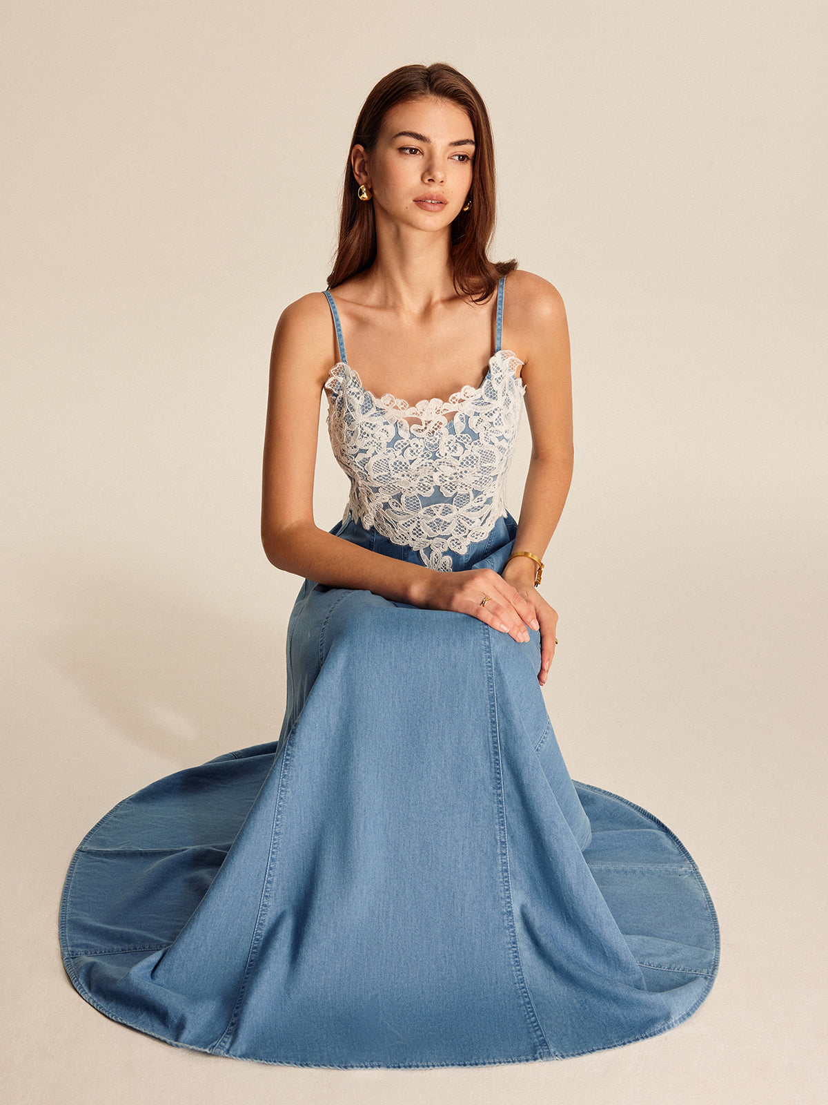 Jeans-Cami-Kleid mit Spitzeneinsatz