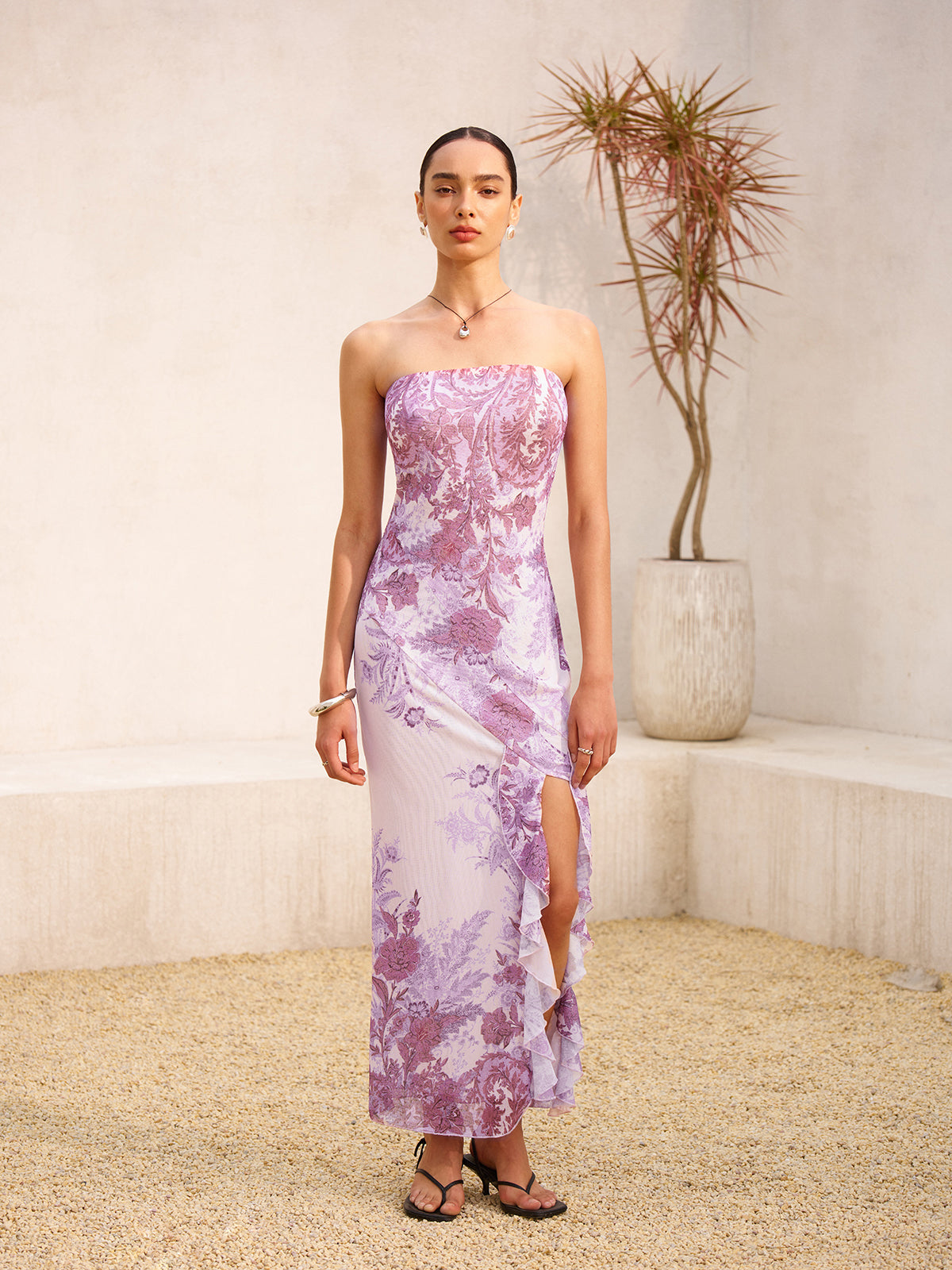 Strapless Floral Print Split Dress