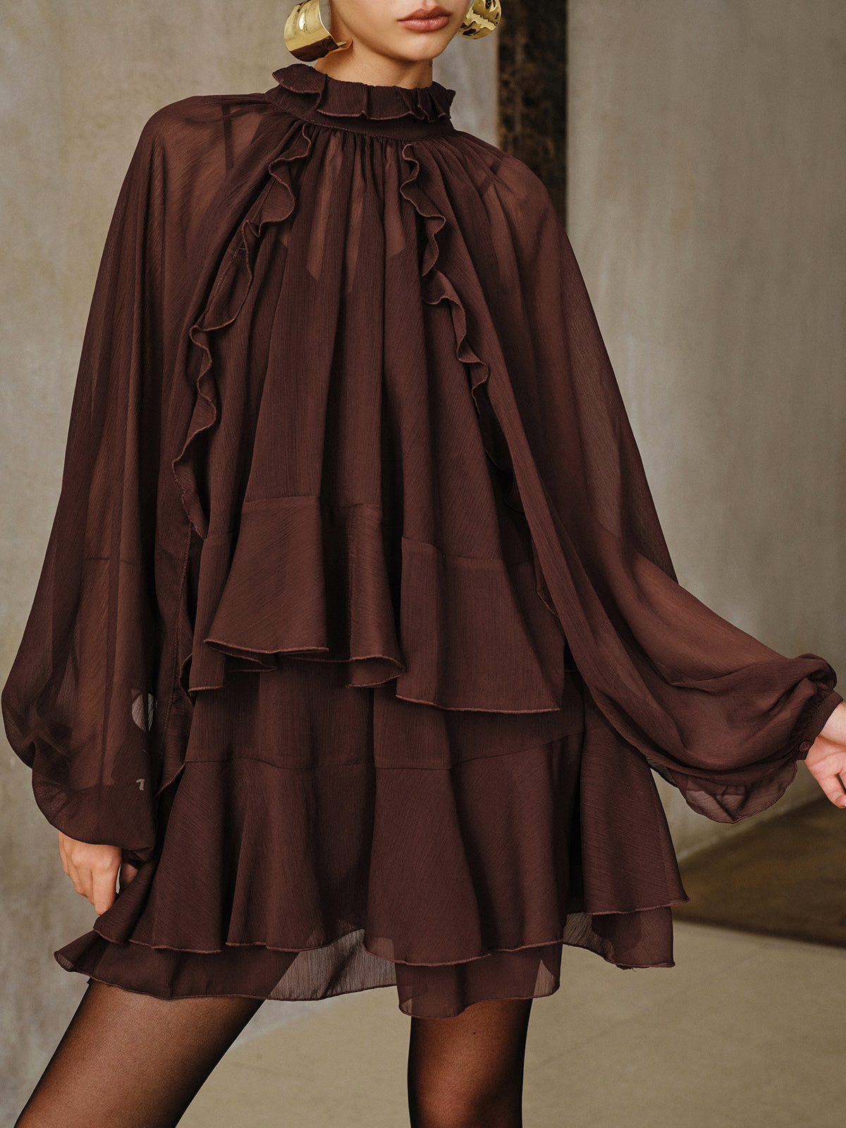 Ensemble mini-robe en mousseline à volants étagés avec doublure