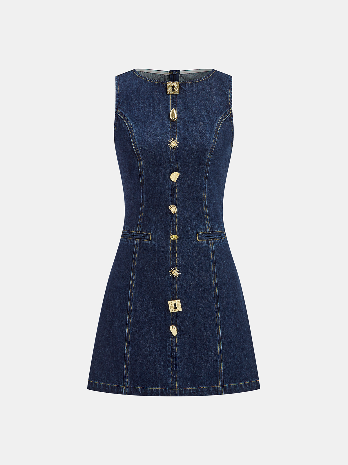 Ärmelloses Minikleid aus Denim mit Metalldetails