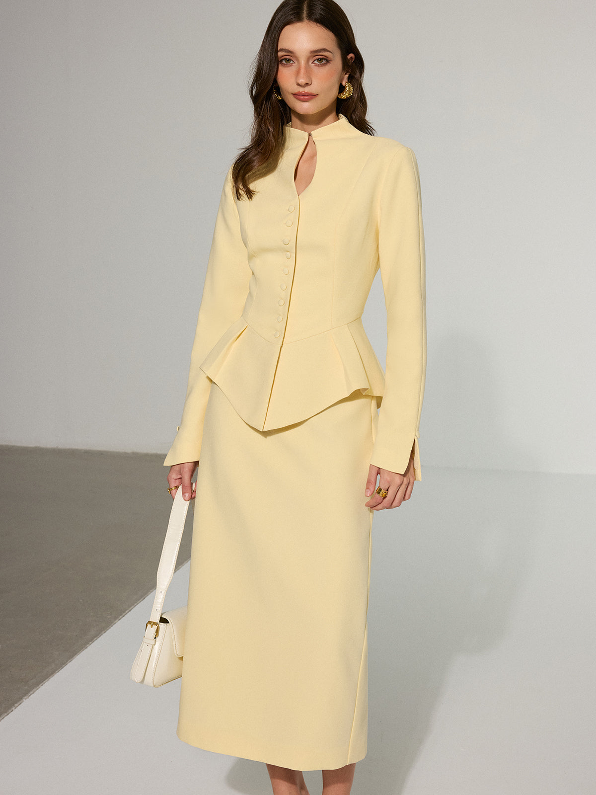 Keyhole Neckline Button Front Peplum Blazer Set