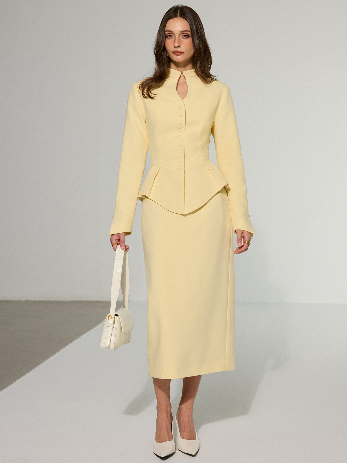 Keyhole Neckline Button Front Peplum Blazer Set