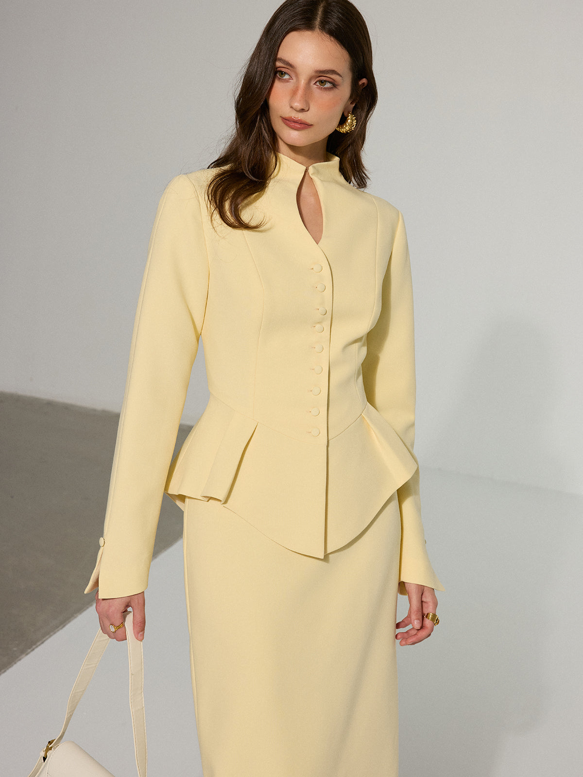 Keyhole Neckline Button Front Peplum Blazer Set