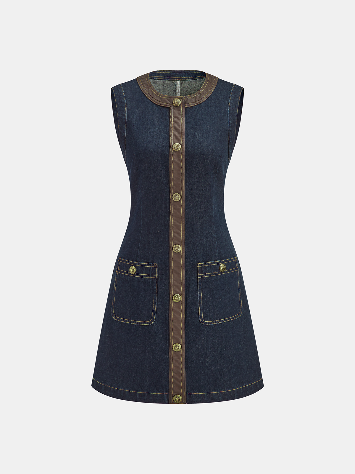 Ärmelloses Minikleid aus Denim mit Kontrastbesatz