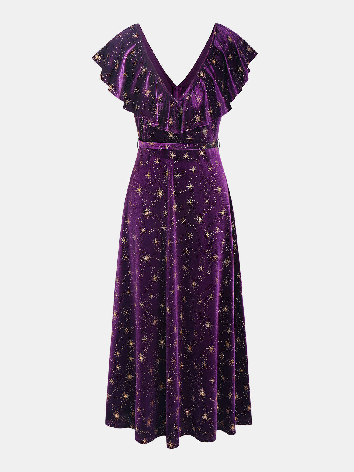 Ruffled V-Neck Star Print Velvet Midi Dress
