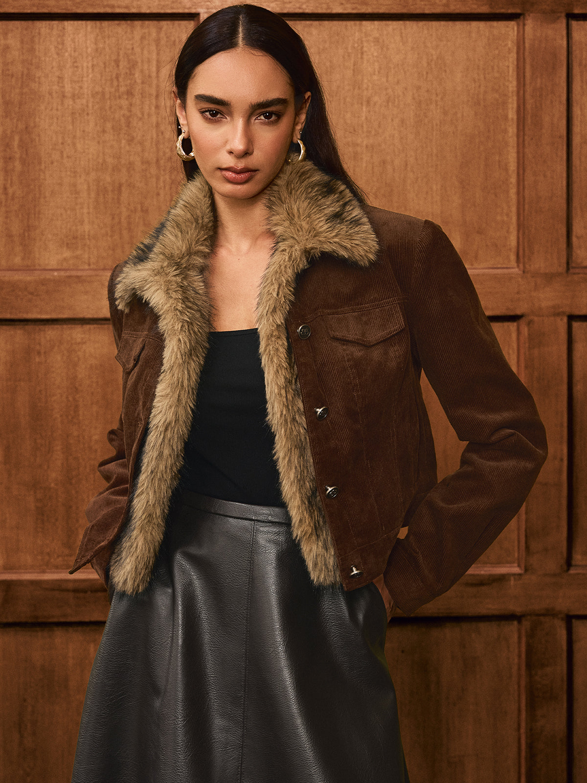 Faux Fur Collar Corduroy Jacket