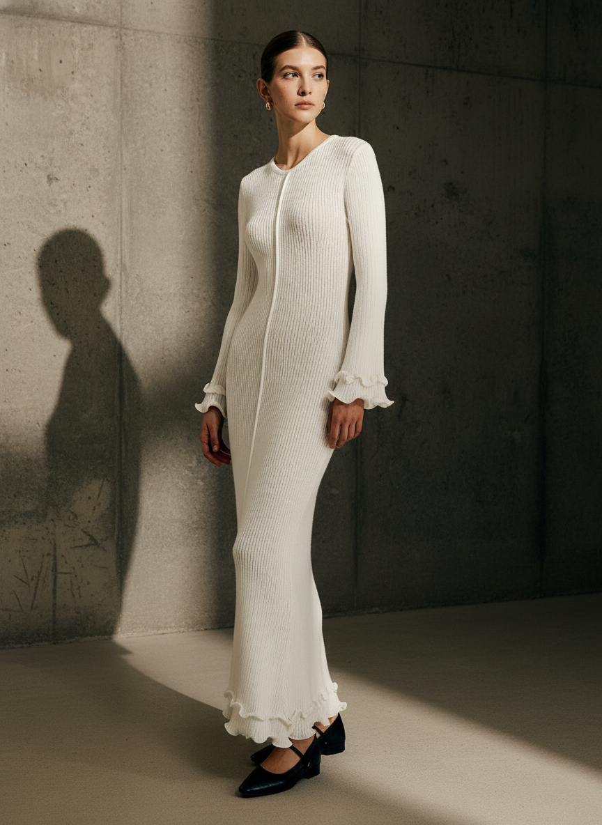 Semi-Sheer Piping Ruffle Drawstring Knit Dress