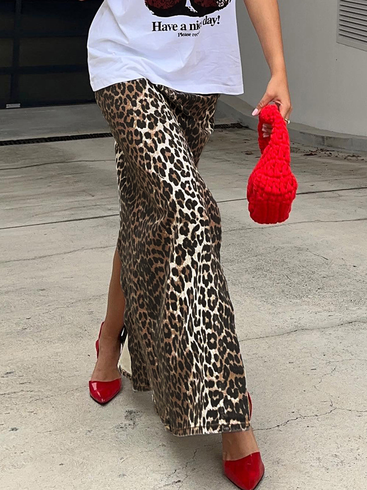 Robe midi fendue en coton imprimé léopard 